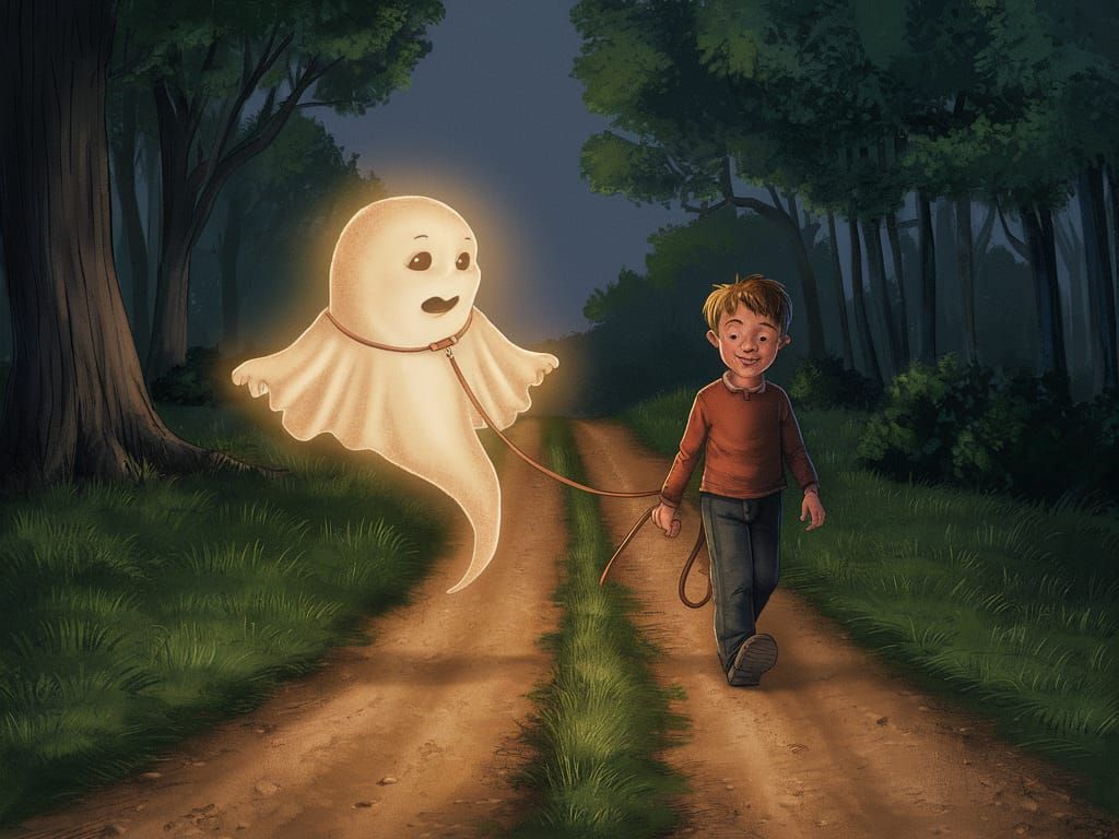 Boy Walks Ghost Pet Through Enchanted Forest