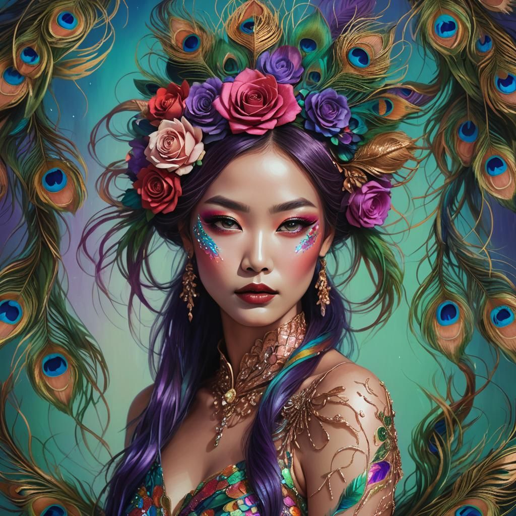 Rose Gold Woman with Peacock Feathers, Digital Art