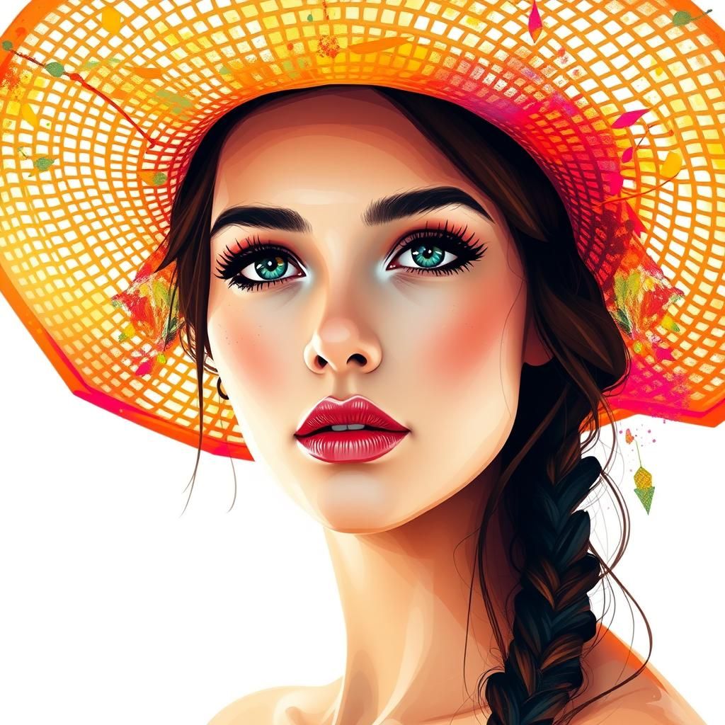 extreme close up face only portrait of a striking Girl floppy sun hat, Abstract fantasy illustration, which is a centere...