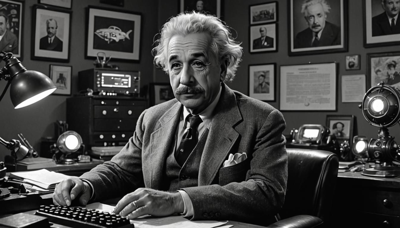 Einstein in Dieselpunk Office, Black and White Photo
