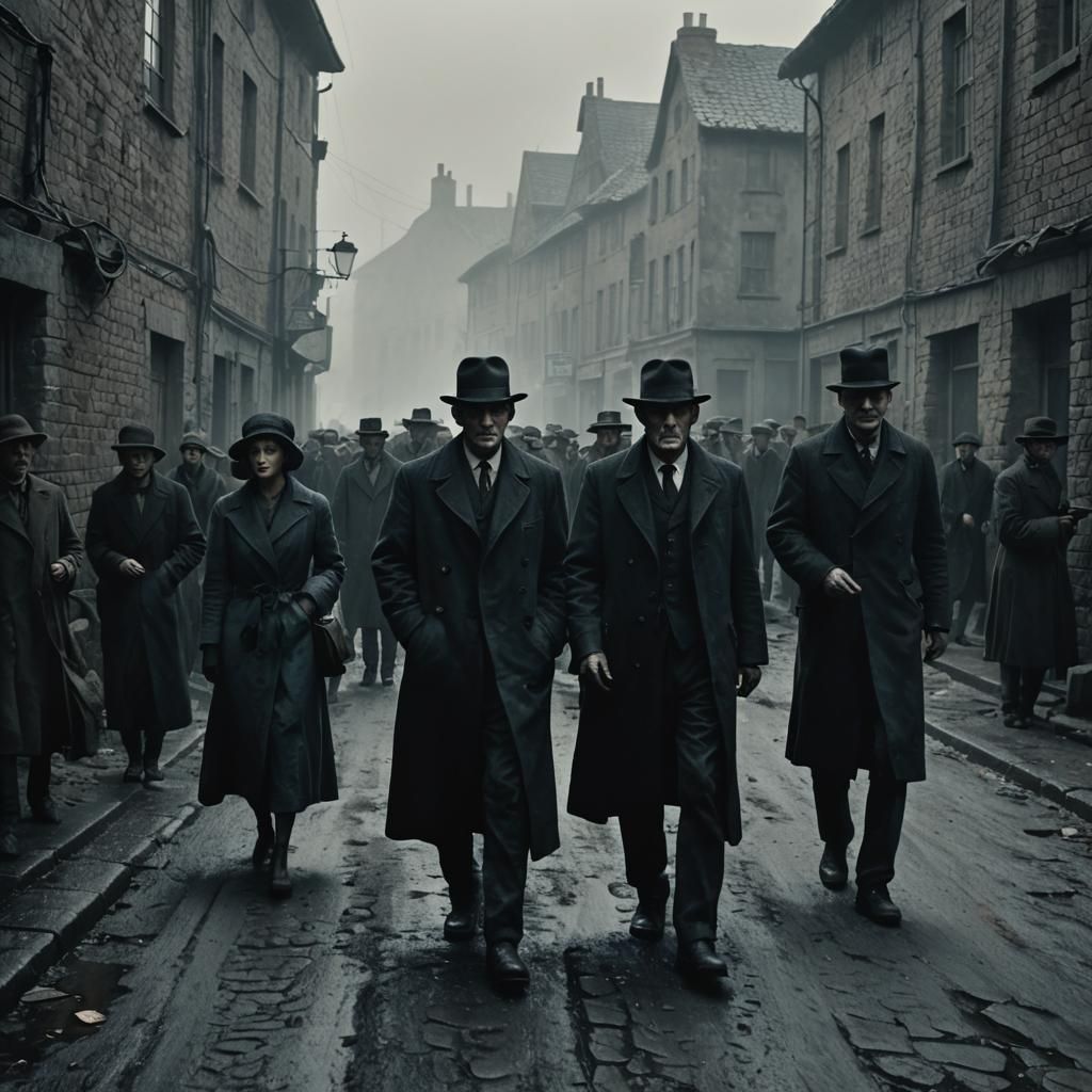Grim Crowd Walks Down Village Street in Film Noir Style
