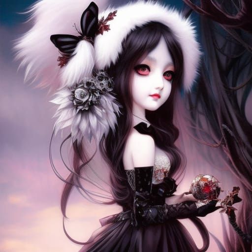Gothic Bishoujo with White Cat in Anime Style