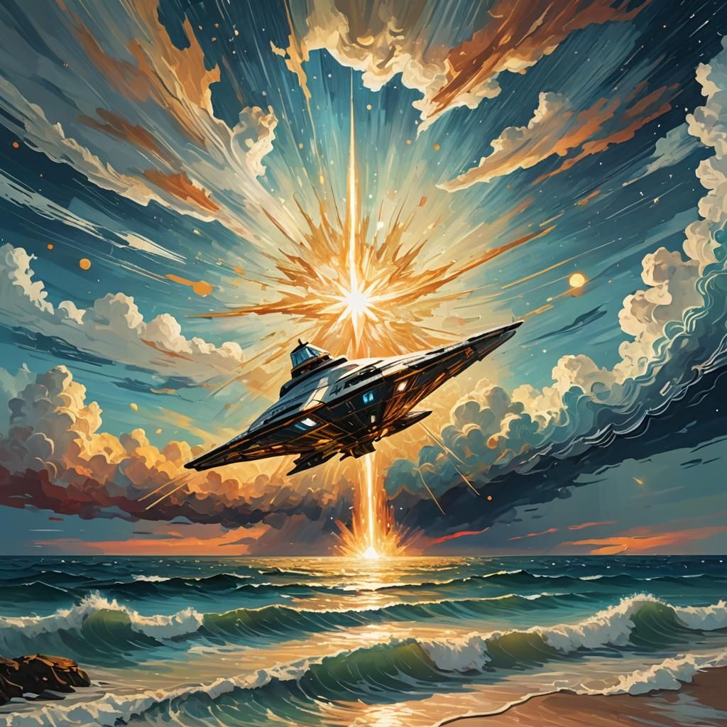 Glowing Star and Spaceship in Van Gogh Style