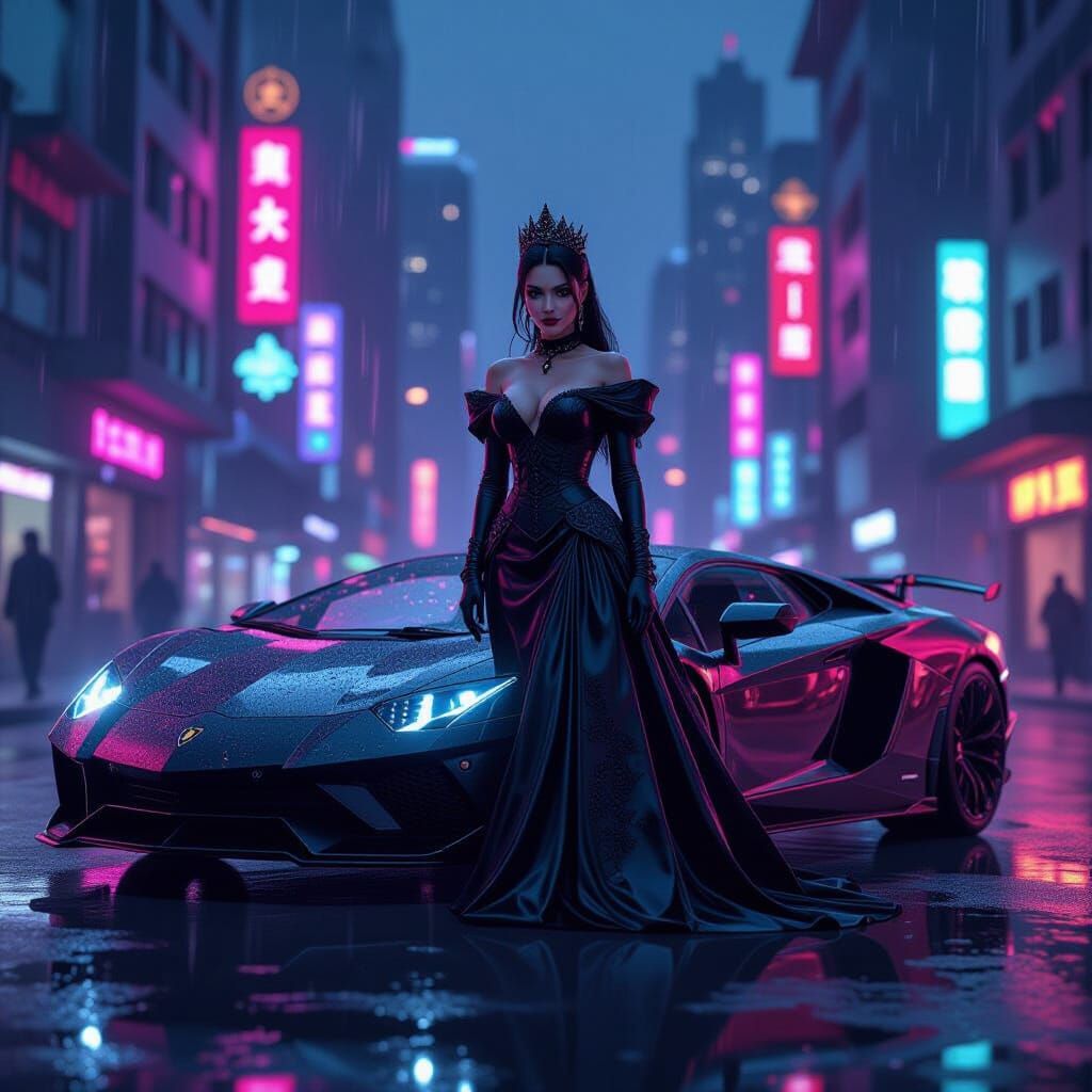 Evil Princess with Lamborghini in Neon City