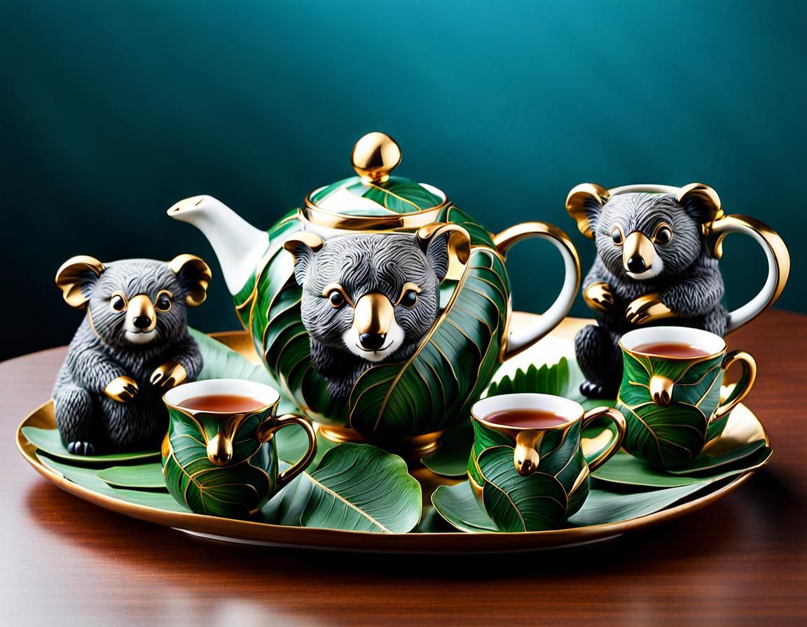 Whimsical Koala Bear Tea Set in Hyperrealistic Style