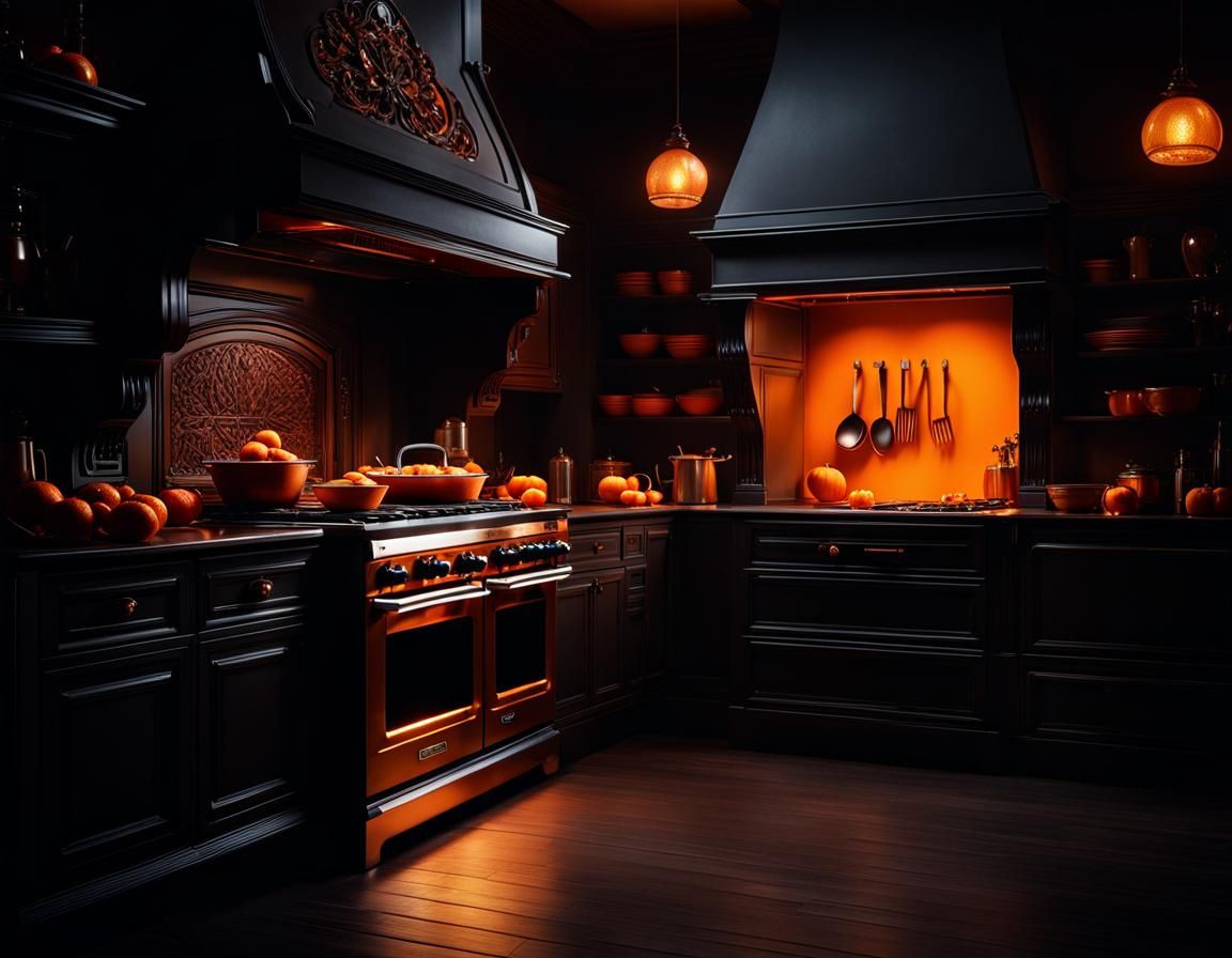 Macabre Kitchen with Orange Glow: Cinematic Composition