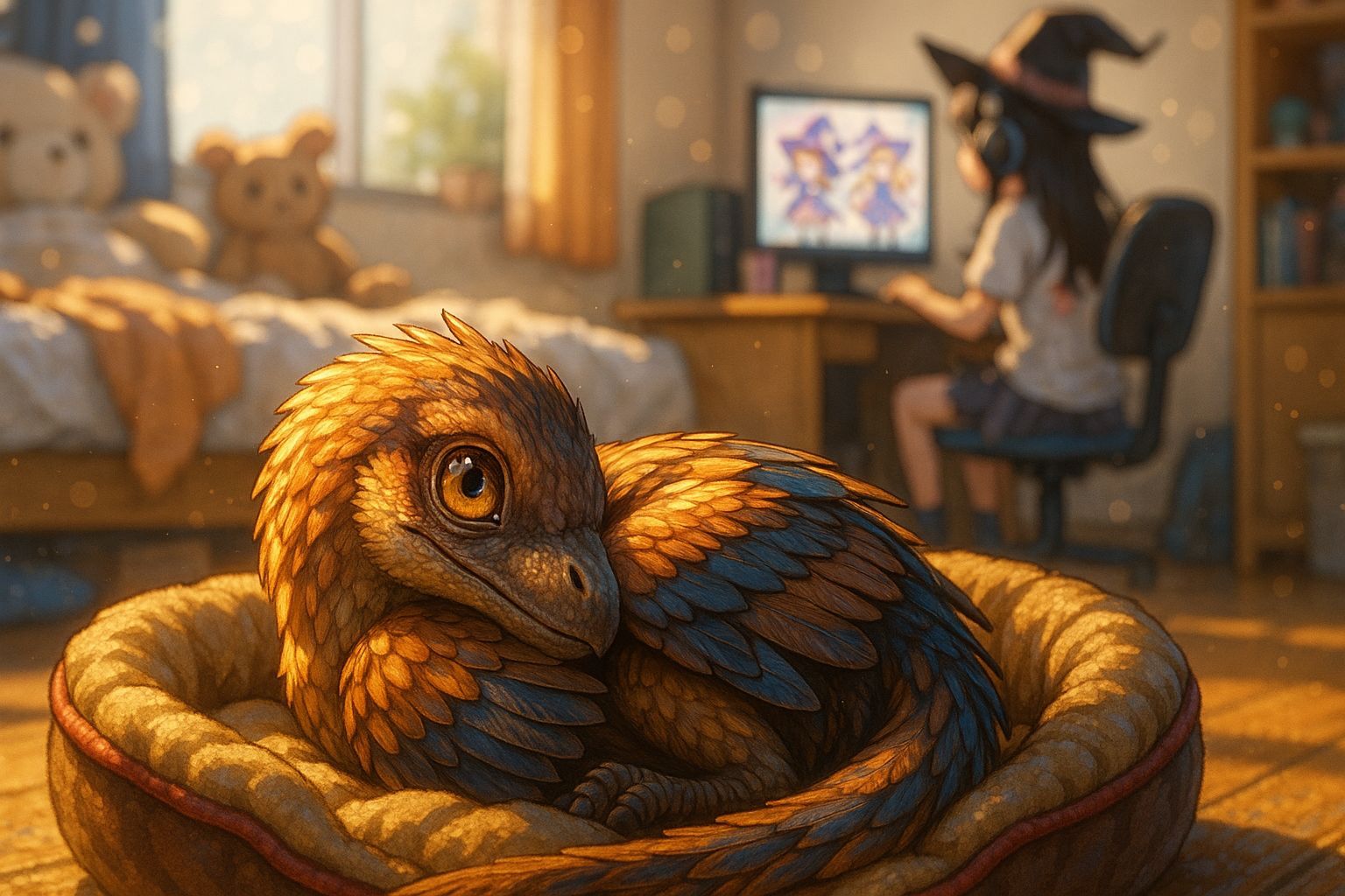 Anime Velociraptor in Apartment, Detailed Illustration