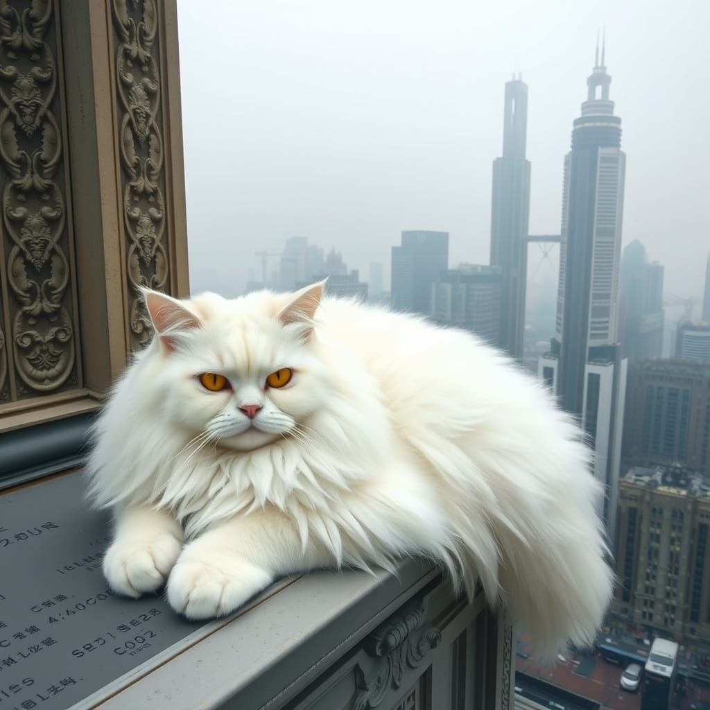 Giant White Cat Overlooking Futuristic Cityscape