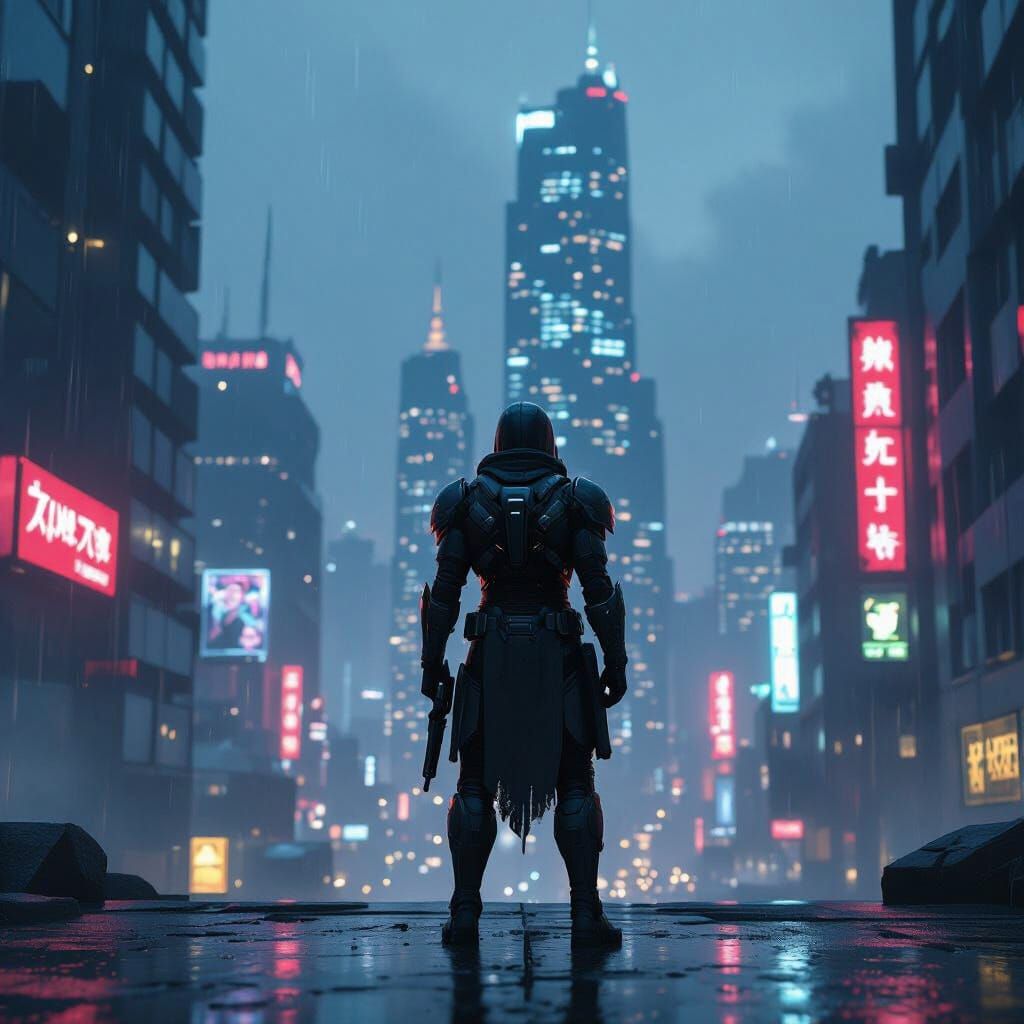 High-Tech Warrior in Futuristic Greek-Inspired Armor at Dusk