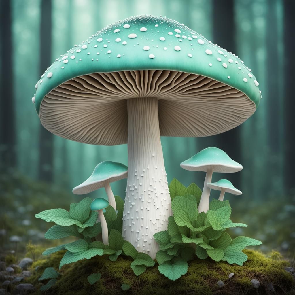Magical Mint Mushroom: Mesmerizing Mixed Media Masterpiece
