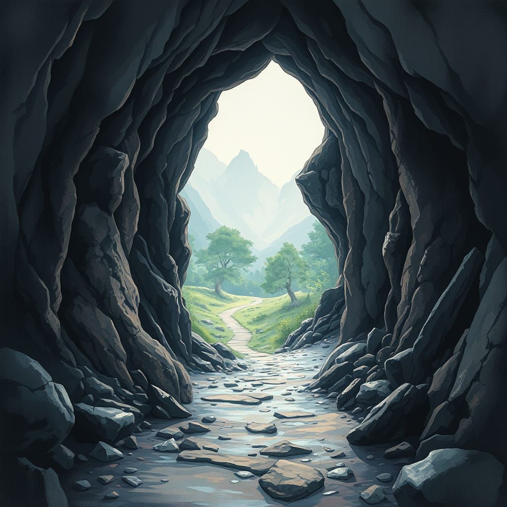 Mysterious Cave and Serene Clearing: Impressionistic Style