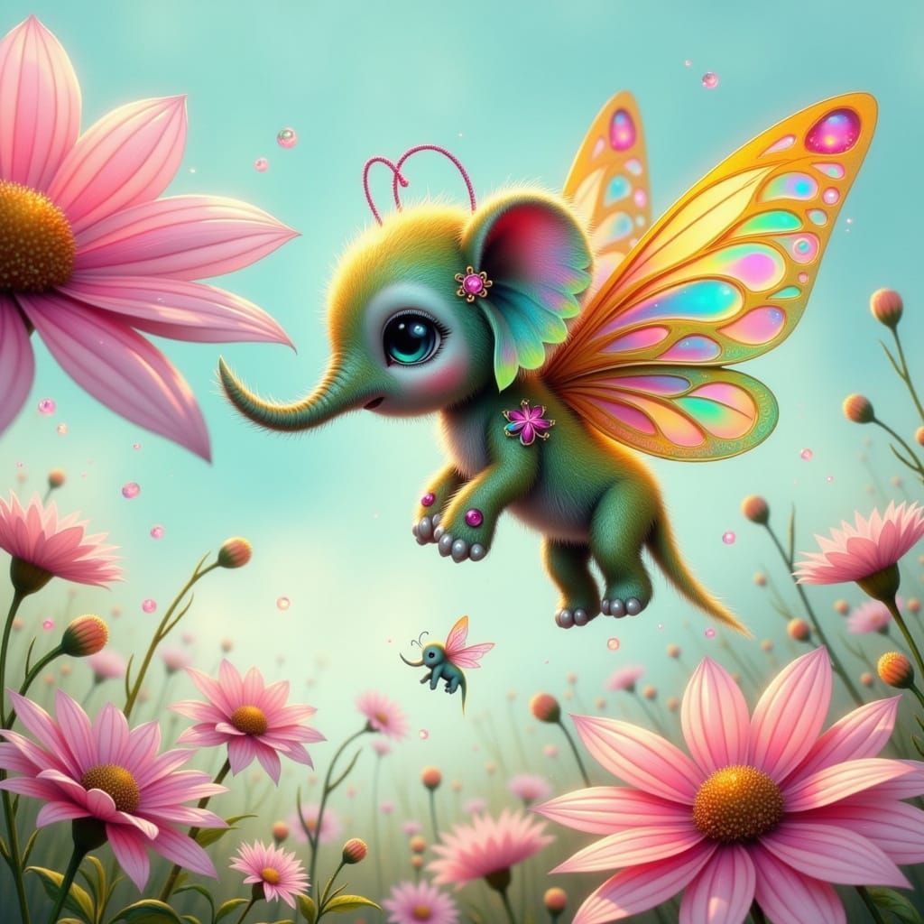 Whimsical Garden of Iridescent Elephants in Colorful Paradis...