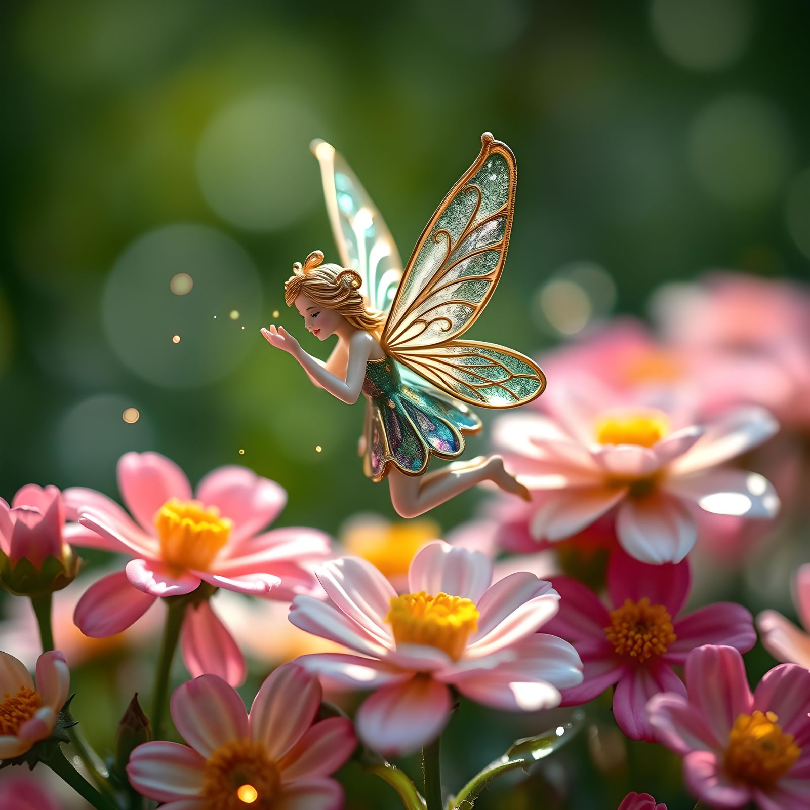 Enamel Fairy in Flight Among Flowers