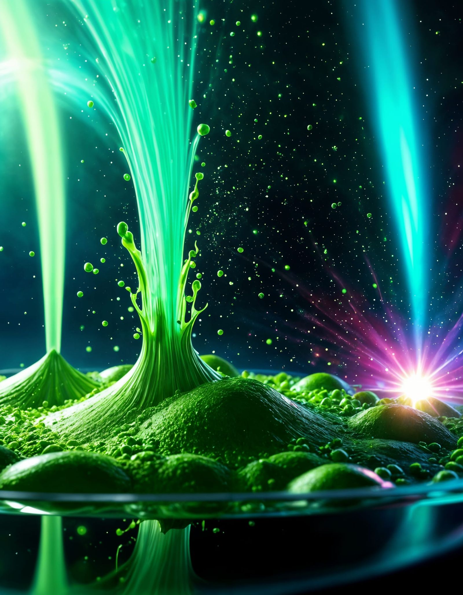 Cosmic Supernova Sprays Matcha Tea: Hyperrealistic Close-Up