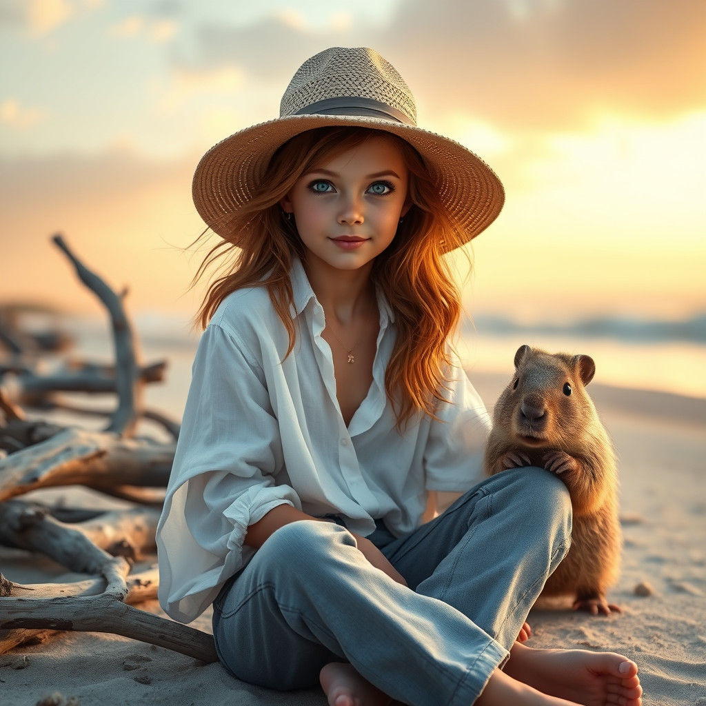 Girl with Capybara on Beach in Fantasy Style