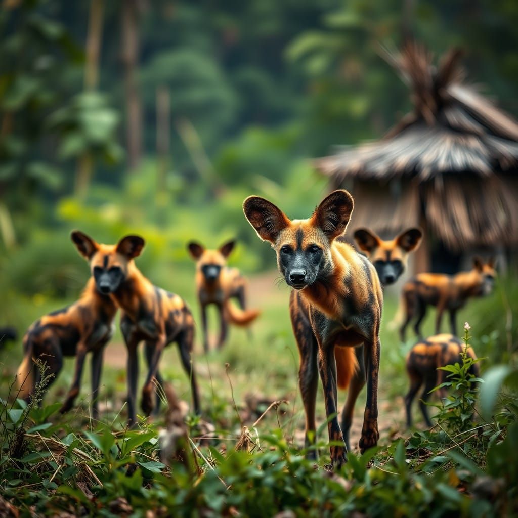 tribal village, wild dogs, jungle