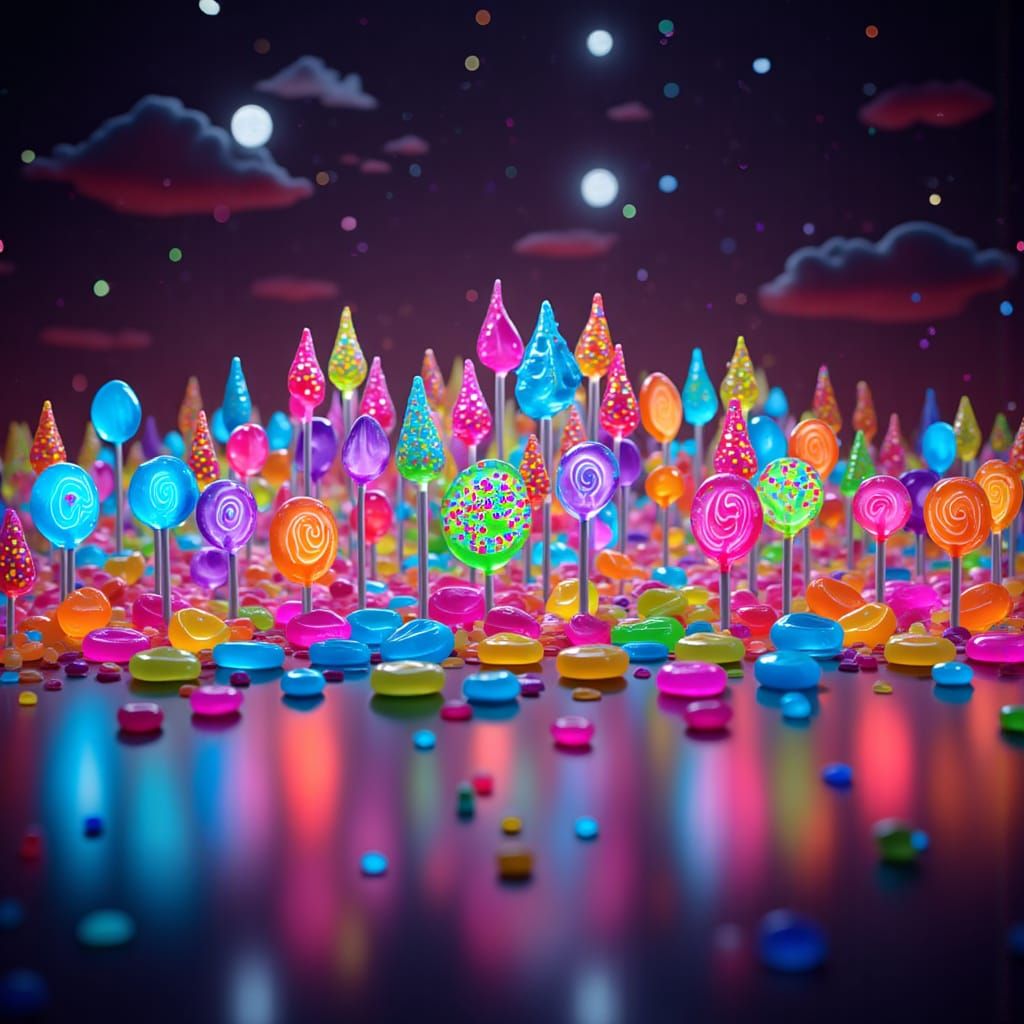 Glowing Candy City Skyline Made of Lollipops and Sugar Glass