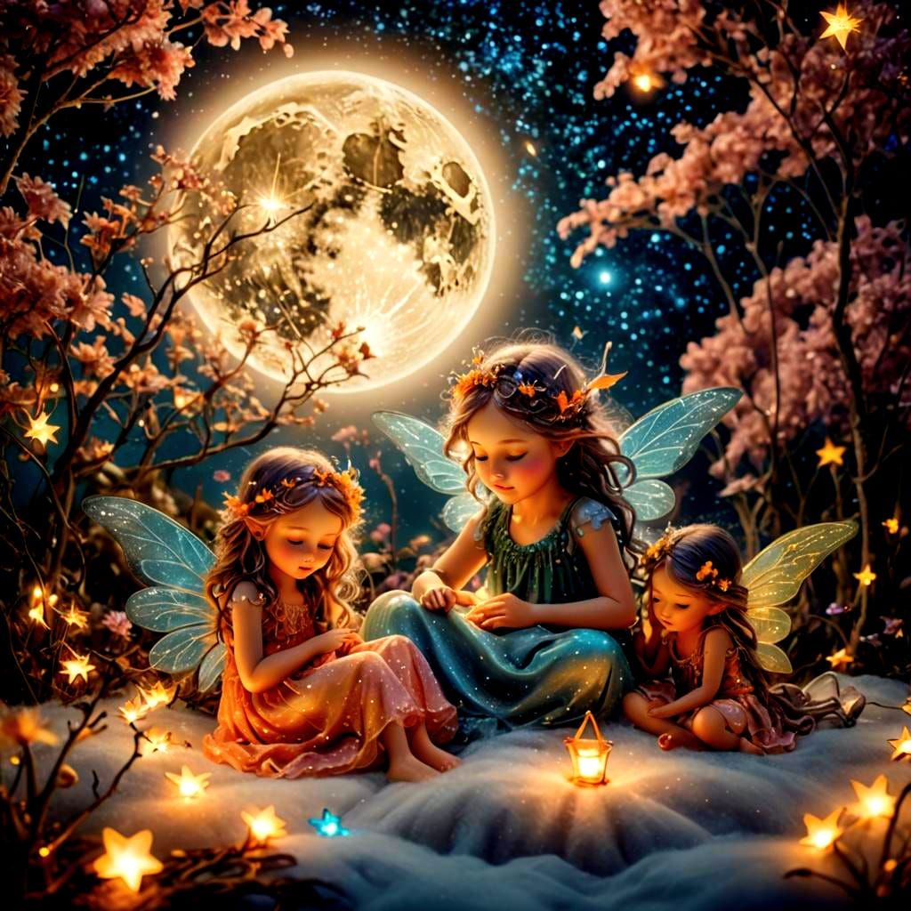 Fairies Sleeping on a Bioluminescent Moon in Galaxy