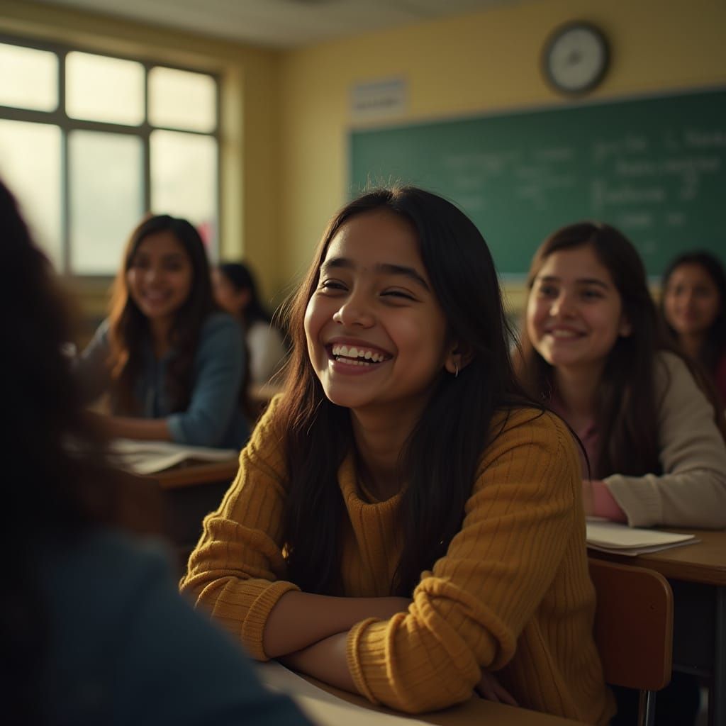 Meera Laughing with Friends: Cinematic Classroom Scene
