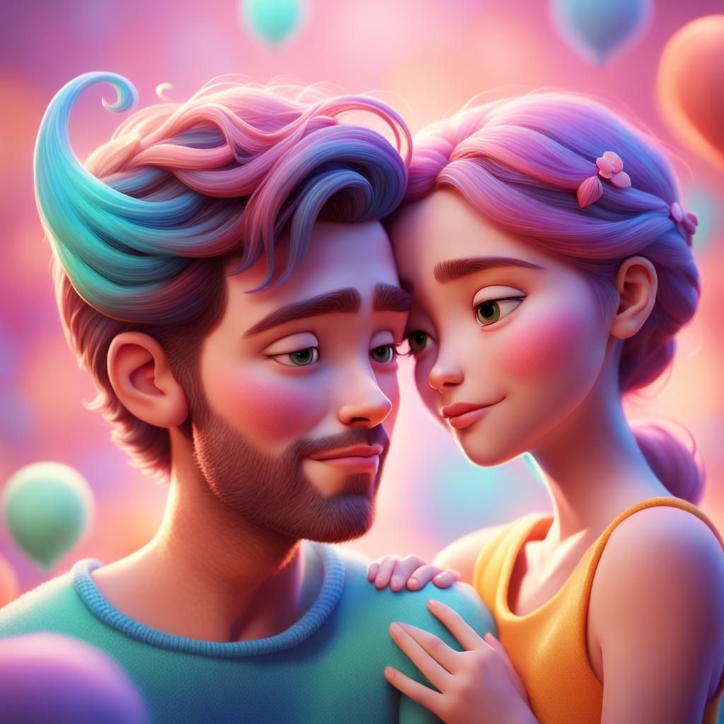 Romantic Couple Embrace in Pixar-Inspired 3D Art