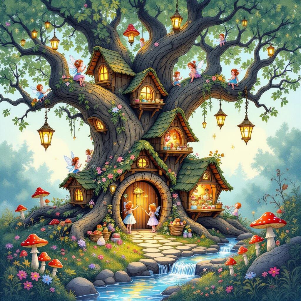 Enchanted Fairy Market in Tree, Watercolor Illustration