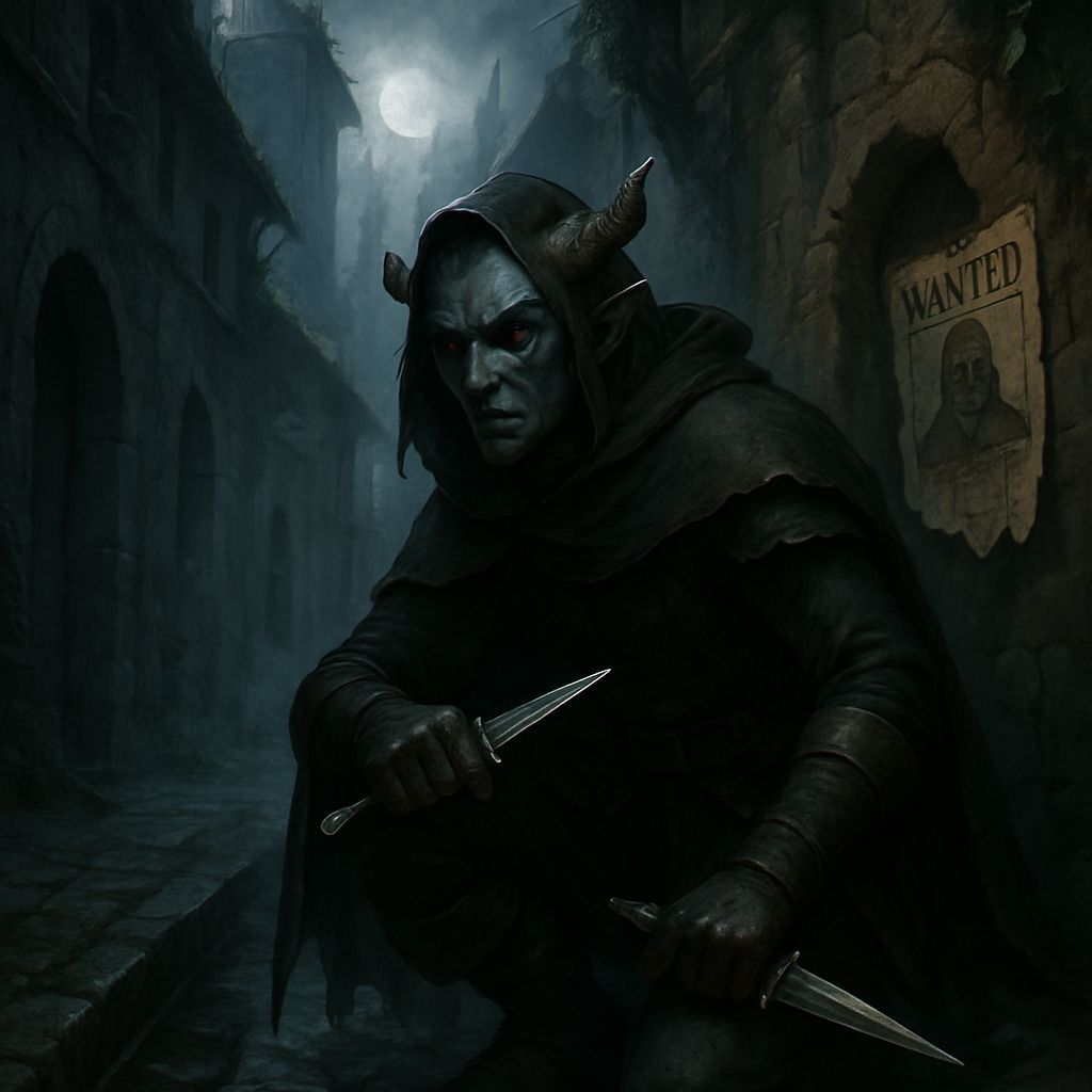 Cloaked tiefling rogue