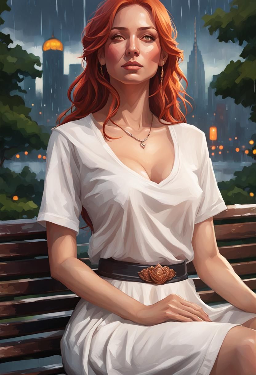 petite redhead long hair, lotus position, park bench, rainin...