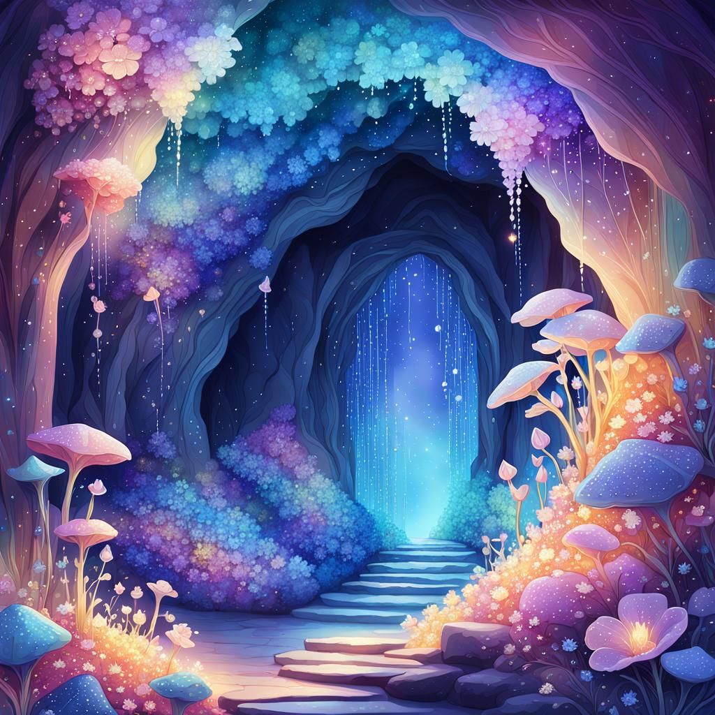 Iridescent Crystal-Flower Cave in Art Nouveau Style