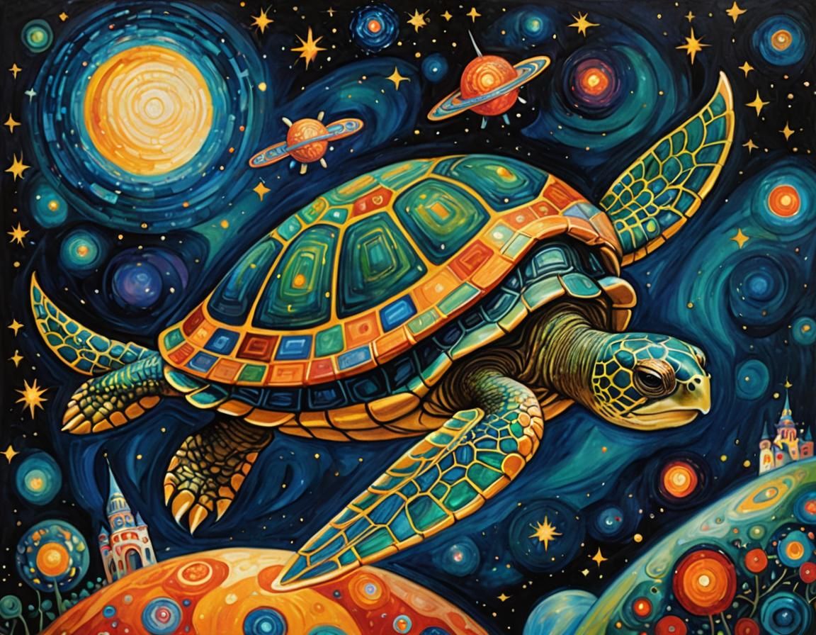 Turtle Flies Through Space in Hundertwasser Style