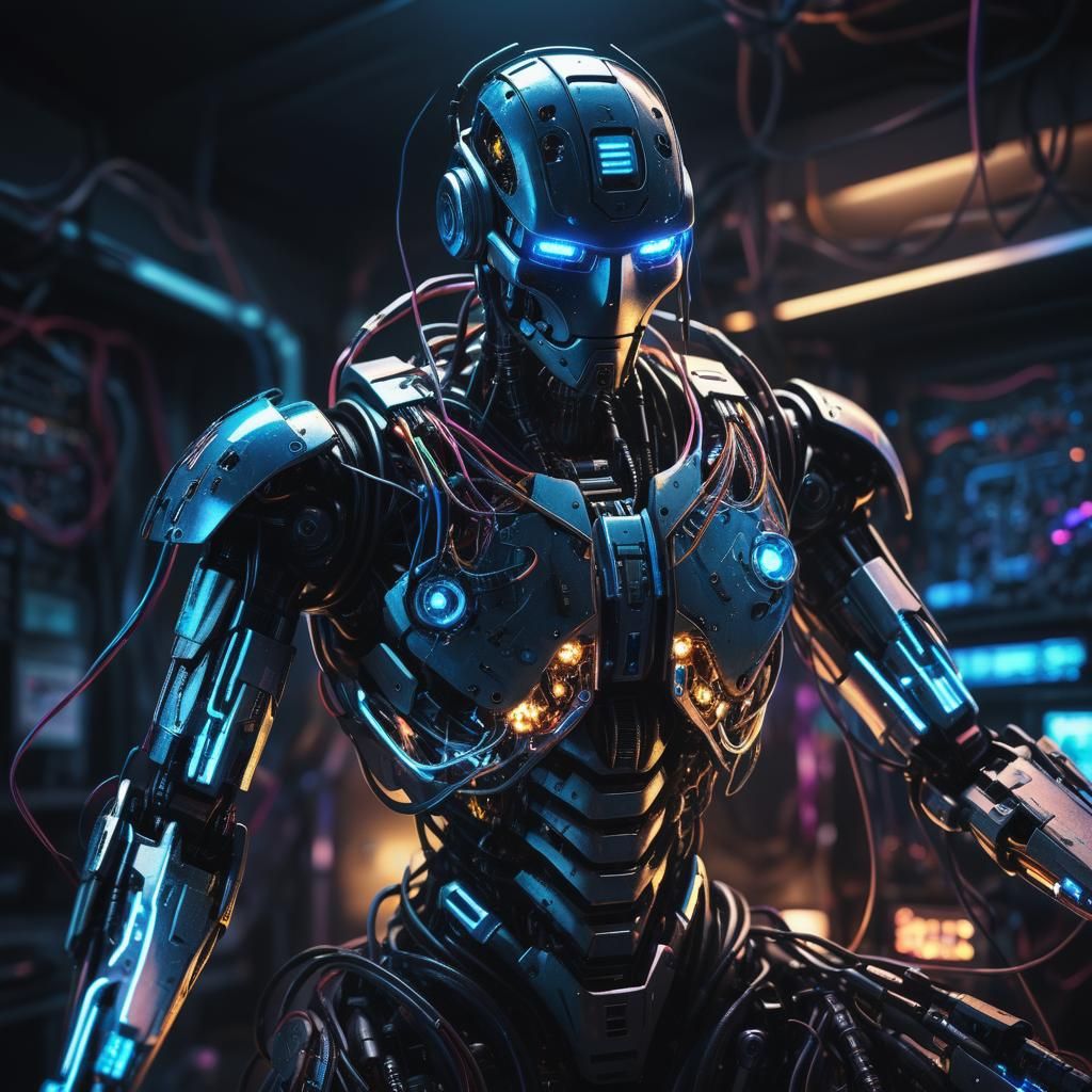 Cyberpunk Robot in Neon Noir, Digital Pixel Art