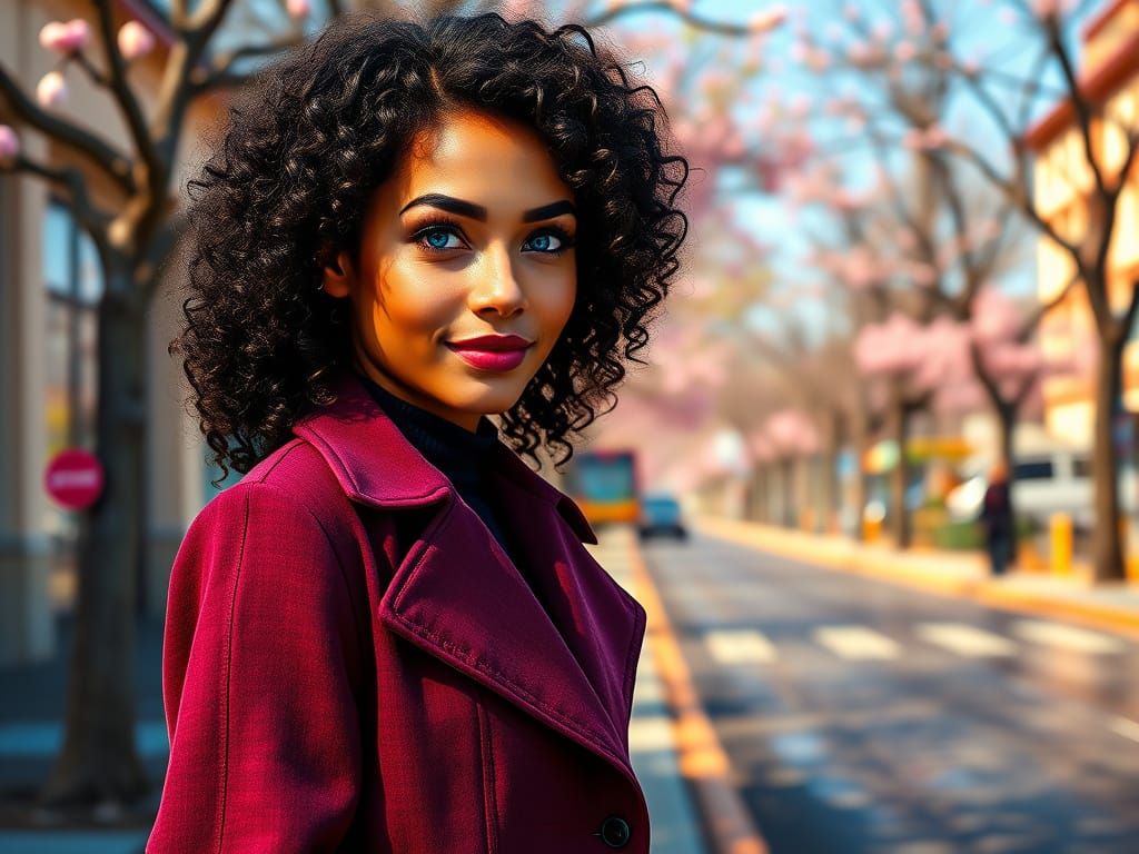 Hyper-Realistic Young Woman in Jewel-Toned Coat and Spring C...