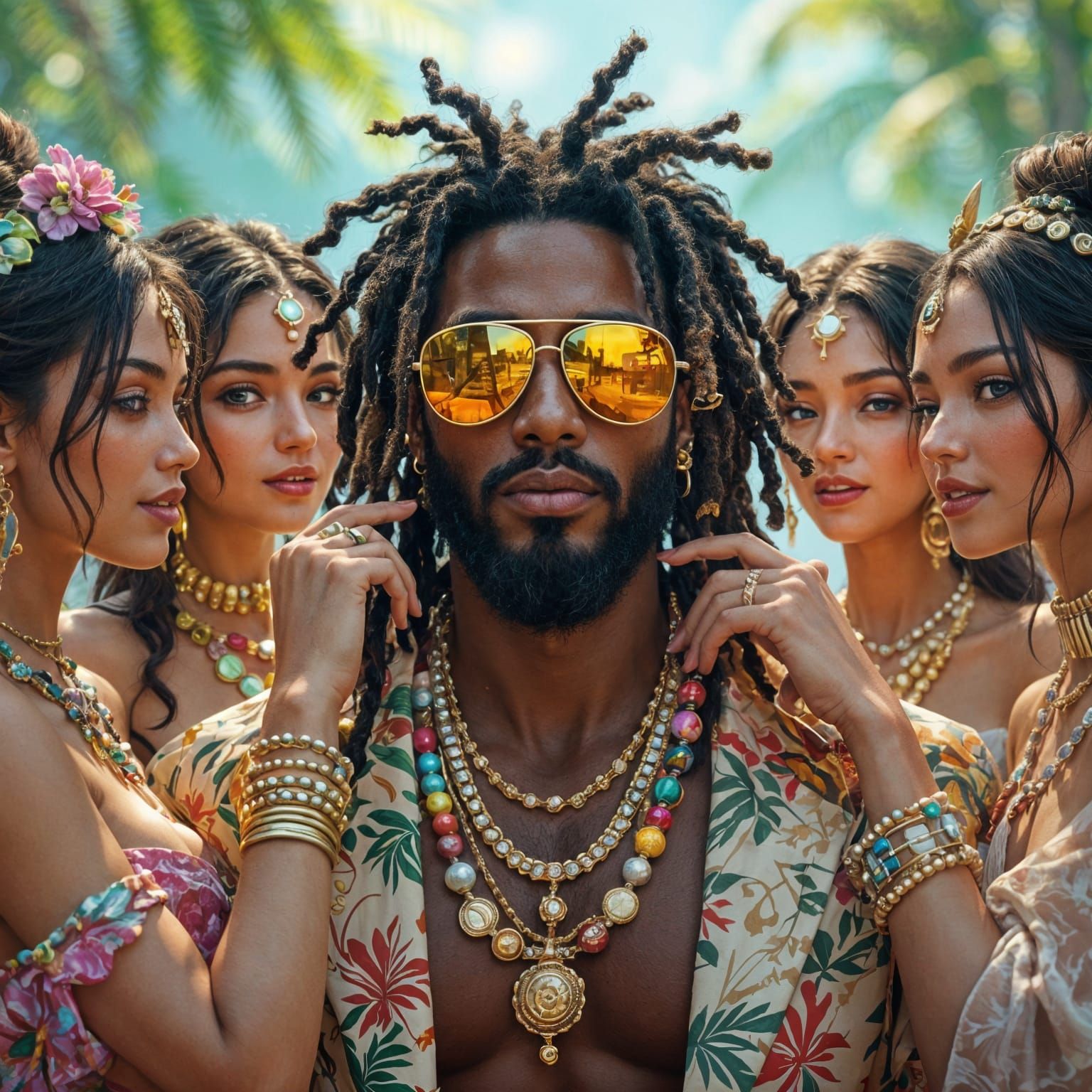 Rasta Man with Sunglasses and Women in Futuristic Jewelry
