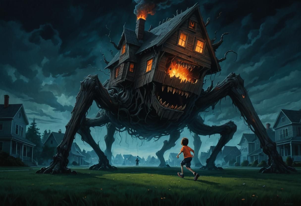 Surreal Giant House Monster Roaring at Child