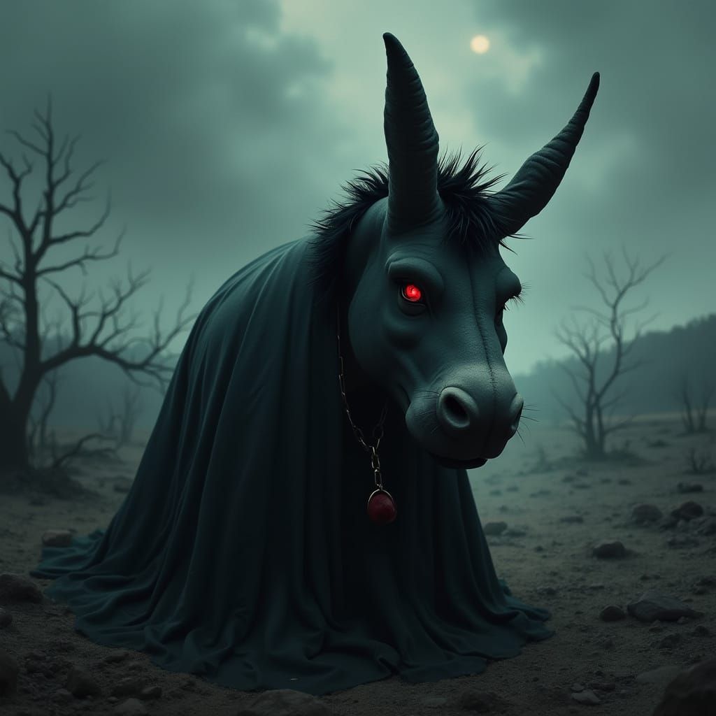 Melancholic Donkey Confronts Desolate Stormy Landscape in Da...