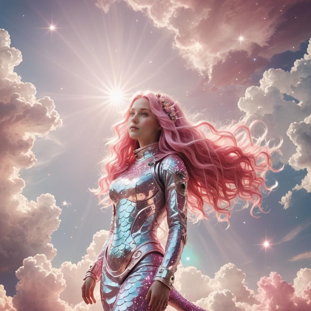 Mermaid Astronaut in White Space with Pink Sparkles