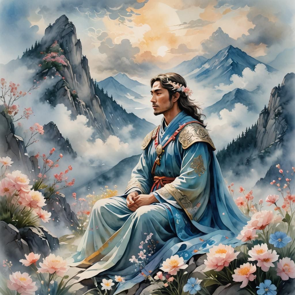 Serene Warrior on Mountain in Watercolor Style
