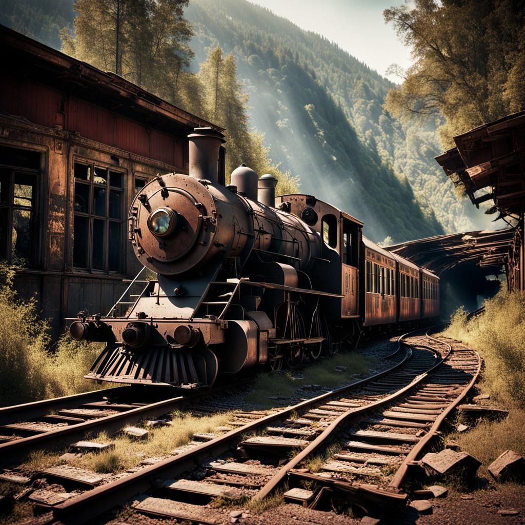 Ruined Train Station with Abandoned Train
