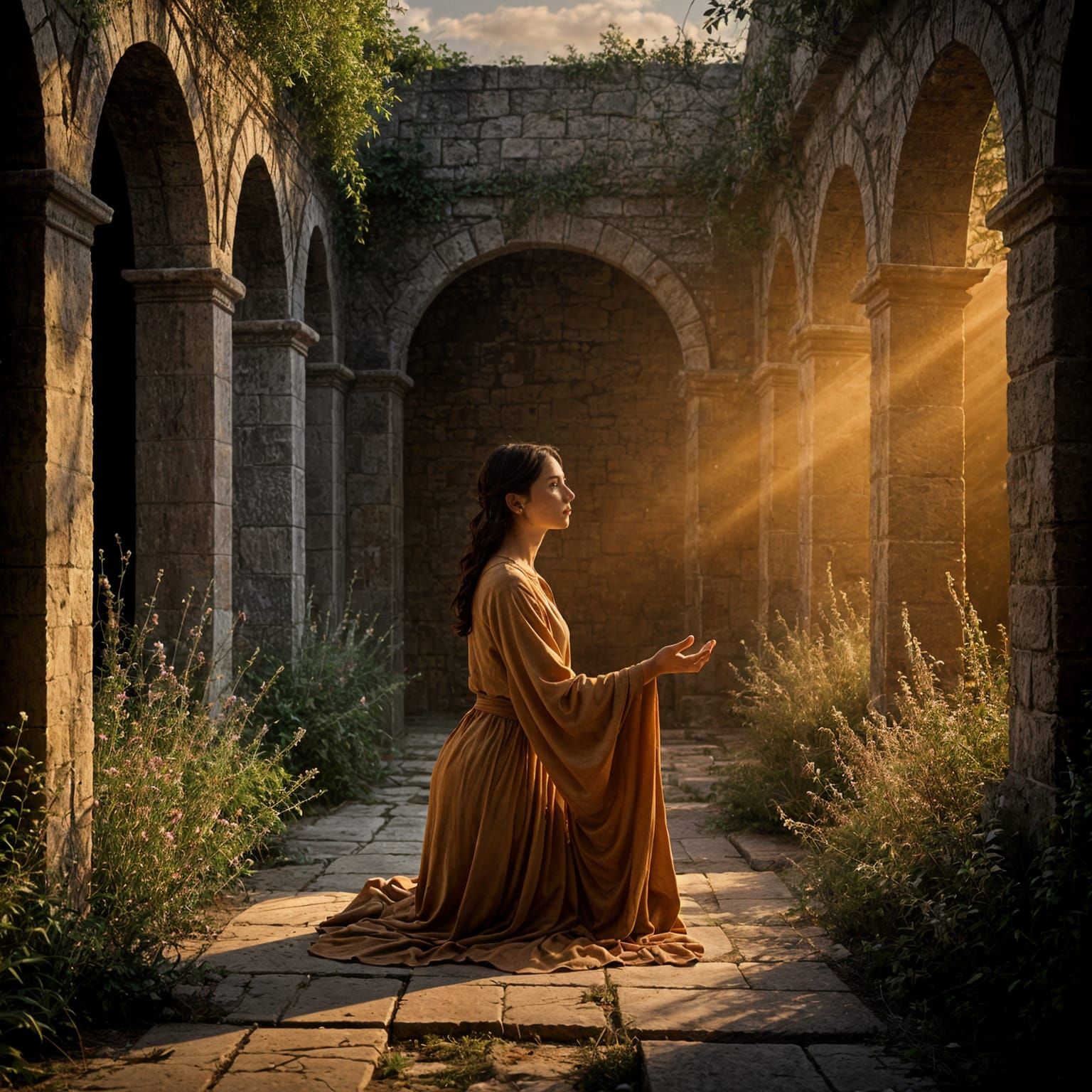 Woman Reaching in Courtyard: Caravaggio-Style Photograph