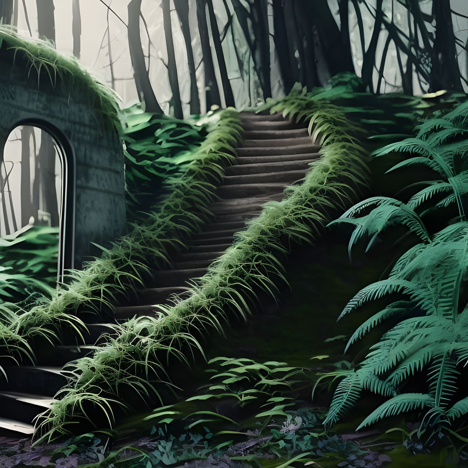 Mossy Stairway Carved into Grassy Hill: Cinematic Photograph...