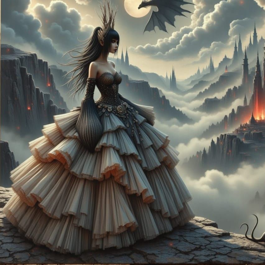 Sorceress Overlooking Burning City in Expressionist Style