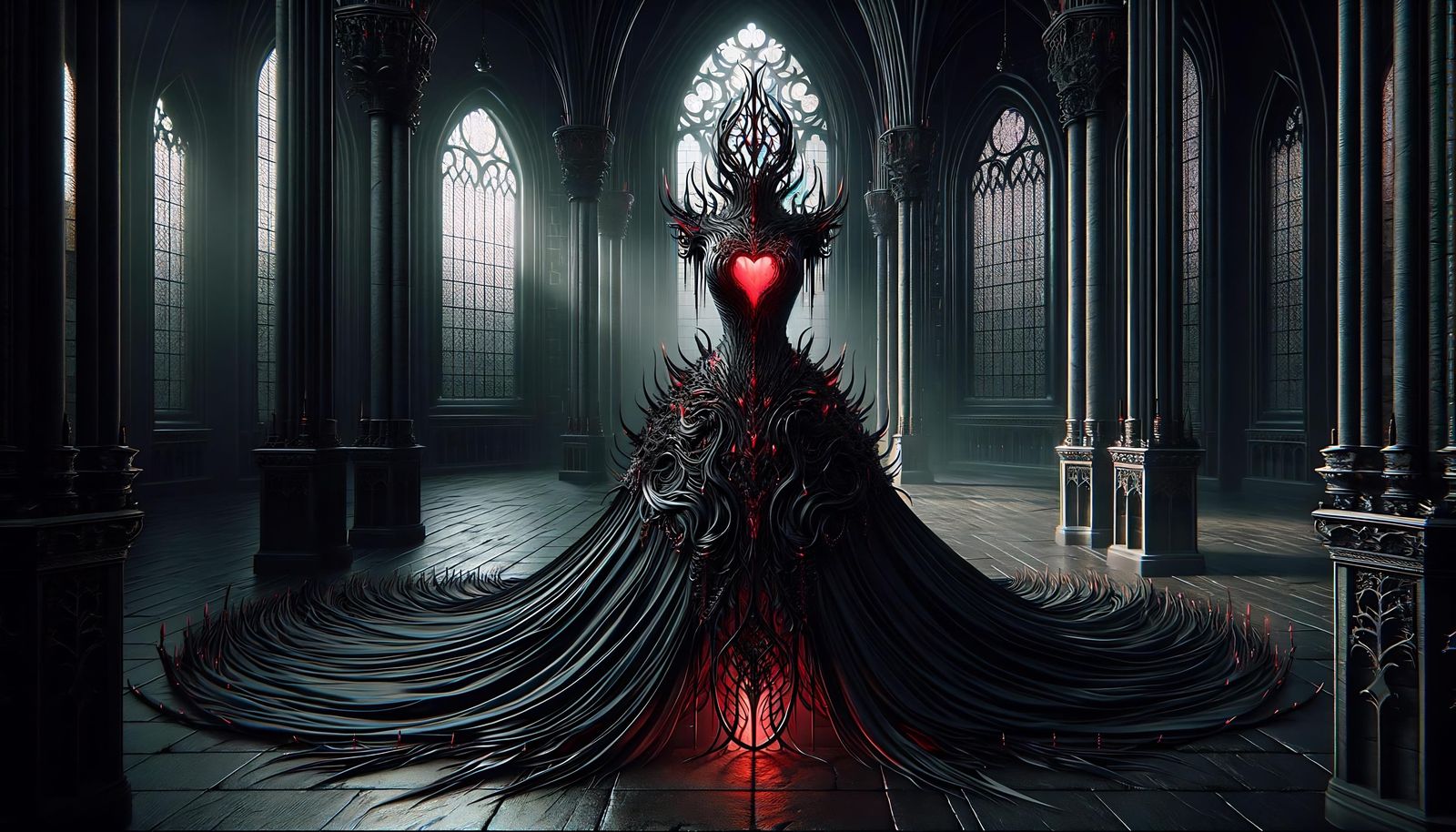 Sinister Bride's Gown in Gothic Cathedral