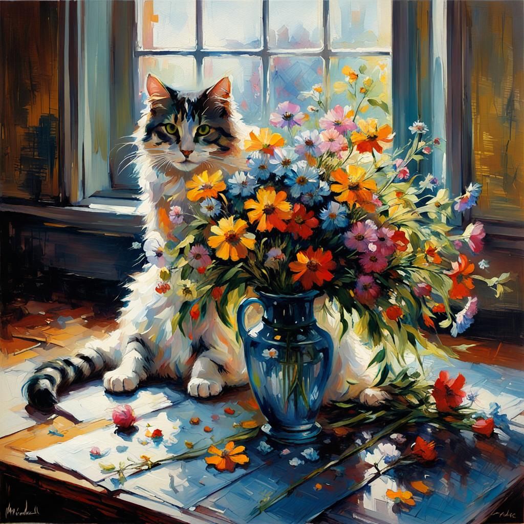 Broken Vase with Wildflowers and Cat, in Impressionistic Sty...