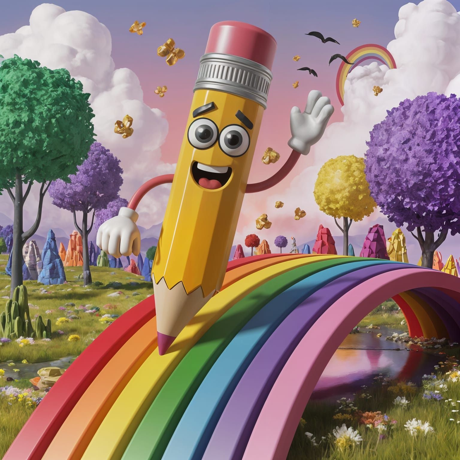 Anthropomorphic Pencil Slides Down Rainbow in Fairytale Worl...