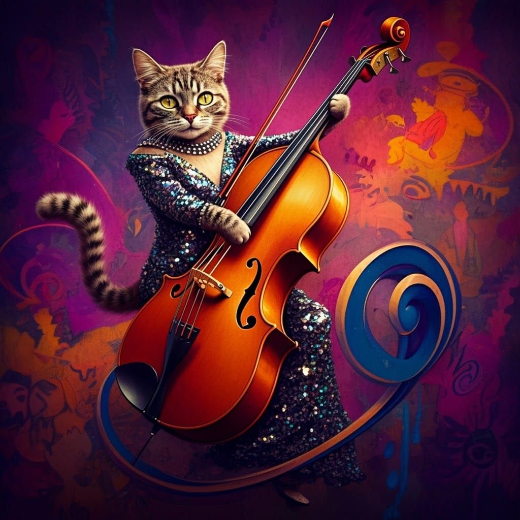 Cat Plays Bass Violin in Surreal Watercolor Jazz Scene