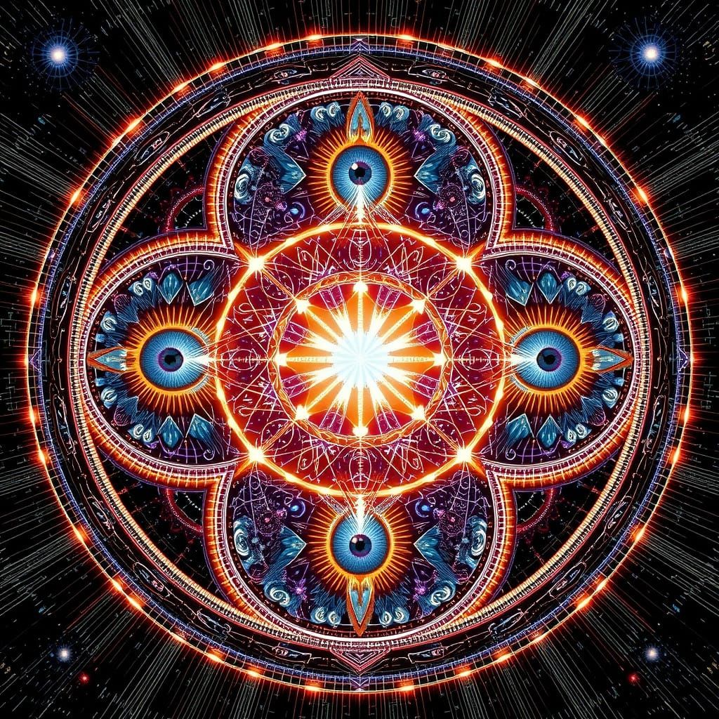 Cosmic Wheels of Eyes in Vibrant Holographic Style