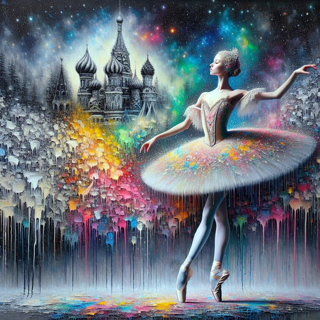 Ballerina Under Starlit Sky in Graffiti Art Style