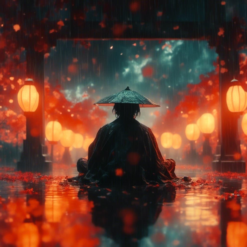 Samurai in Rainy Scene Under Lantern