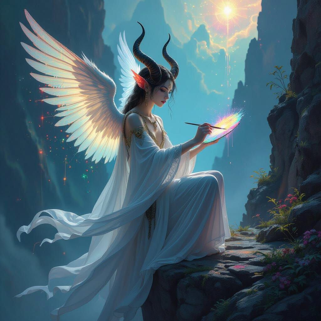 Androgynous Angel-Demon Hybrid Painting in Street Art Style