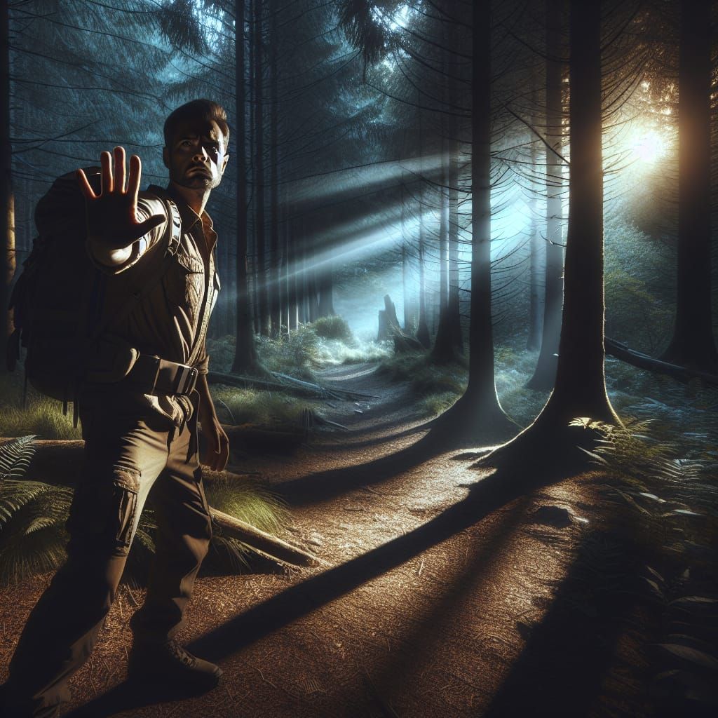 Tense Forest Encounter at Dusk