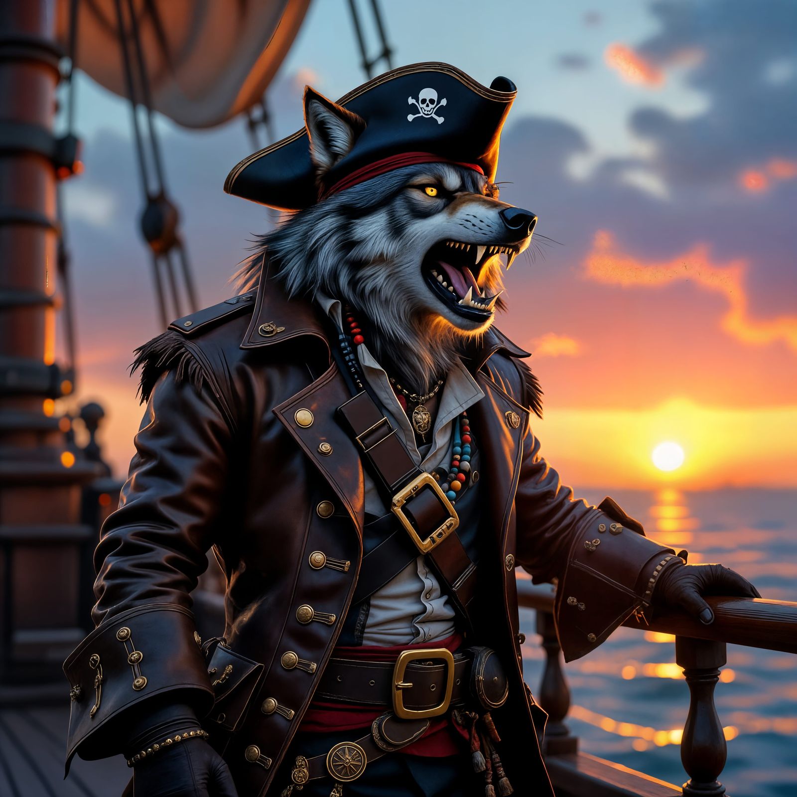 Steampunk Pirate Wolf Roaring at Sunset